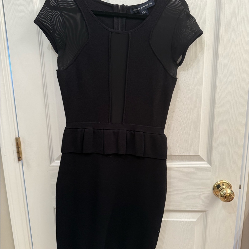 French Connection Black Peplum Dress with Sheer Accents
